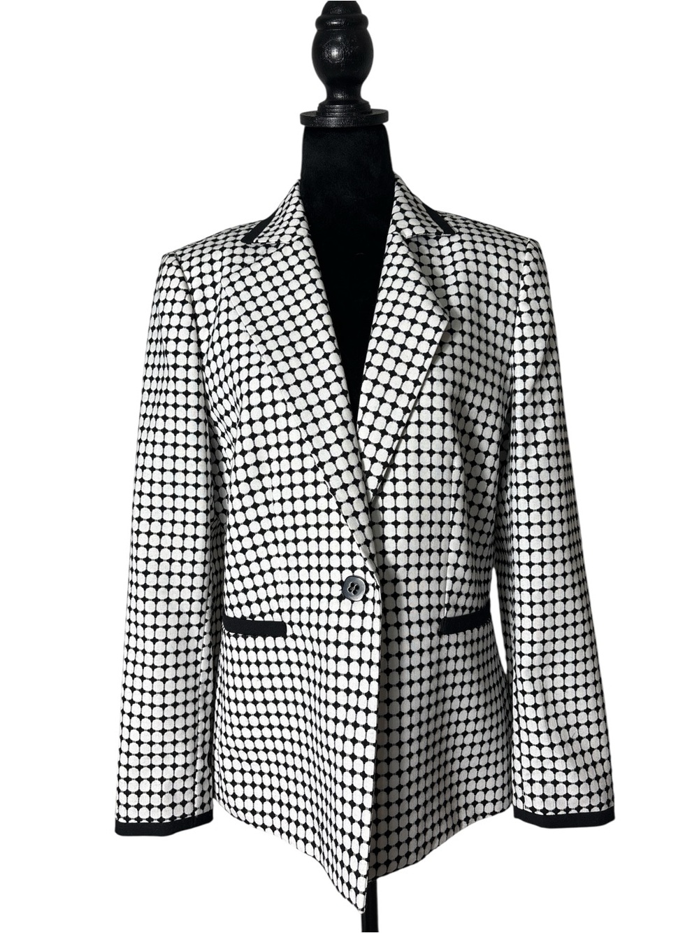 Le Suit Black White Geometric Print Blazer Size 10